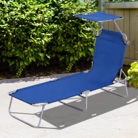 Outsunny Espreguiçadeira de Jardim Dobrável com Toldo e Encosto Reclinável para Jardim Terraço Campismo 187x58x36cm Azul(m-2)
