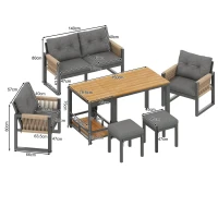 Set de sofá moderno para exterior, mesa desmontable, reposabrazos trenzados y cojines de asiento gruesos, Gris+Color natural(m-3)