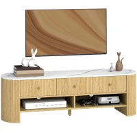 HOMCOM Comodă TV 140 cm, mobilier pentru televizor 165 cm cu aspect de marmură 3 sertare fețe canelate aspect lemn natural(m-8)