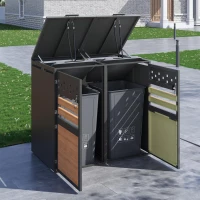 Mülltonnenbox mit hydraulischem Klappdeckel, abschließbaren Doppeltüren und zwei Fächern, 132x80x120 cm, Grau+Naturfarbe(m-4)