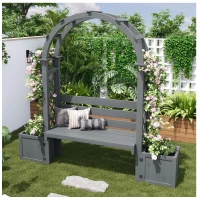 Banco-pérgola con maceteros y enrejado curvado, función triple: banco, macetero y soporte para trepadoras, 160x30,5x160 cm, Gris(m-4)