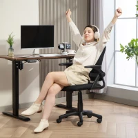 HOMCOM Silla de malla transpirable, silla giratoria ergonómica con reposabrazos abatibles y soporte lumbar, Negra(m-5)