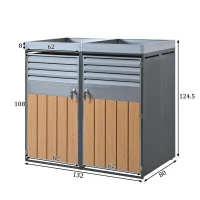 Mülltonnenbox mit integrierter Pflanzfläche, abschließbarer 4‑Fach‑Mülltonnenschrank, 264x80x124,5 cm, Grau+Naturfarbe(m-3)