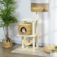 PawHut Arbre à chats sisal naturel grande niche plateforme jeu boule hamac peluche résine aspect rotin 60 x 49 x 130 cm beige(m-10)
