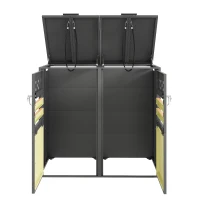 Mülltonnenbox mit hydraulischem Klappdeckel, abschließbaren Doppeltüren und zwei Fächern, 132x80x120 cm, Grau+Naturfarbe(m-6)
