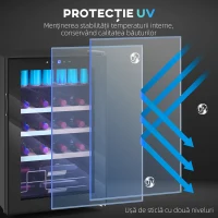 HOMCOM Vitrină pentru Vinuri Refrigerată 12 Sticle 53L Vitrină Frigider Silențioasă Temperatură Reglabilă 5-18℃ Frigider Vinuri Bar cu Sticlă Anti UV, Rafturi, Compresor, Display Tactil, Lumini LED, Clasa G(m-8)