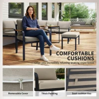 Outsunny 7 Seater Garden Furniture Set, Metal Garden Sofa Set with Cushions, Outdoor Furniture Conversation Sets, Khaki(m-6)