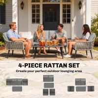 Outsunny Rattan Garden Furniture Set, 4 Piece Outdoor Patio Furniture with Tempered Glass Table and Chairs, Indoor Balcony Conservatory Set(m-4)