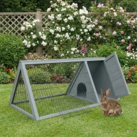 PawHut Wooden Rabbit Hutch Triangle Bunny Ferret Cage Guinea Pig Run Small Animal Hutch Grey 116 x 62.2 x 52.5 cm(m-2)