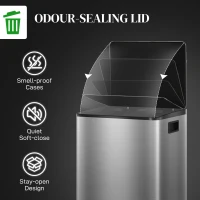 HOMCOM 60L Dual Compartment Stainless Steel Bin, with Deodoriser Holders - Silver Tone(m-6)