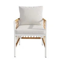 Modernes 7-teiliges Gartenmöbel-Set, weißes Eisengestell mit geflochtenen Armlehnen, 1 Tisch + 6 Stühle, Beige+Naturfarbe(m-9)