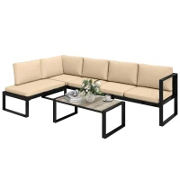 Outsunny Conjunto de Jardim Exterior de 4 Peças com 2 Sofás de 2 Lugares 1 Cadeira sem Braços e Mesa de Centro com Almofadas Caqui(m-10)