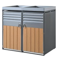 Abschließbare Mülltonnenbox mit integriertem Pflanzgefäß, Lamellenlüftung und zwei separaten Türen, 132x80x124,5 cm, Grau+Naturfarbe(m-1)
