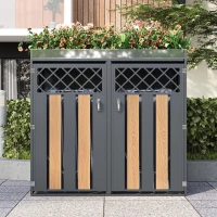 Mülltonnenschrank mit Blumentrog, 2-tlg. abschließbare Mülltonnenbox, 132x80x124,5 cm, Grau+Naturfarbe(m-2)