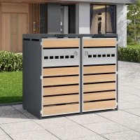 Mülltonnenbox mit hydraulischem Klappdeckel, mit 2 separaten Fächern und abschließbaren Türen, 132x80x118,5 cm, Grau+Naturfarbe(m-5)