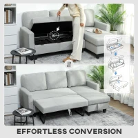 HOMCOM Canapea extensibilă cu 3 locuri, șezlong și spațiu de depozitare, material textil cu efect de in, 197x129x85 cm, gri și negru(m-5)