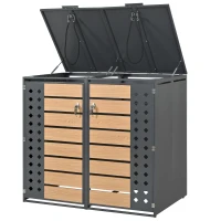 Mülltonnenbox mit hydraulischem Klappdeckel, zwei separaten Fächern und abschließbaren Türen, 132x80x118,5 cm, Grau+Naturfarbe(m-6)