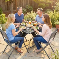 Outsunny Folding Outdoor Dining Table, Square Garden Table Tempered Glass Top with Parasol Hole Garden Patio, 70 x 70 x 70 cm(m-8)