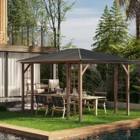 Outsunny Tonnelle pavillon de jardin avec toit rigide 364 x 299 x 280 cm structure en métal marron gris(m-10)