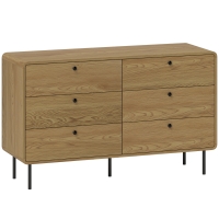 HOMCOM Comodă 6 sertare mobilier de depozitare stil modern colțuri rotunjite și picioare din oțel 120 x 40 x 75cm efect lemn de stejar