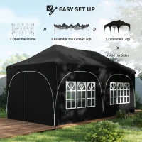 Outsunny 3 x 6m Pop Up Gazebo Shelter with Sides, 6 Sandbags, Peak Top Garden Party Tent Marquee with Carry Bag, Black(m-8)