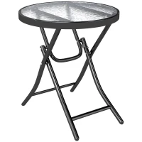 Outsunny Mesa de Vidrio Redonda Plegable Mesa de Jardín con Hebilla de Seguridad Borde Cubierto de Metal Patio Interior y Exterior Ø45x50 cm Negro(m-1)