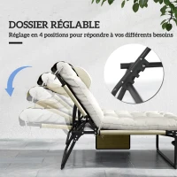 Outsunny Lot de 2 transats bains de soleil pliable avec dossier inclinable 4 positions - appui-tête et matelas épais beige(m-4)