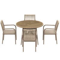 Conjunto de muebles de jardín moderno de 5 piezas, mesa redonda con tablero de vidrio templado, 4 sillas con reposabrazos y respaldo de cuerda, Marrón(m-7)