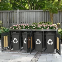 Mülltonnenschrank mit 4 Fächern, integriertem Pflanztrog und abschließbare Türen, 264x80x124.5 cm, Grau+Naturfarbe(m-4)