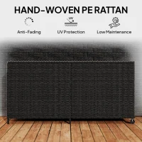 Outsunny 650L Garden Storage Box with 2 Wheels, Rattan Deck Box with Waterproof Zipped Liner, Safe Pneumatic Rods, Black(m-9)