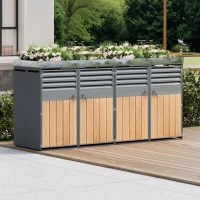 Mülltonnenbox mit integrierter Pflanzfläche, abschließbarer 4‑Fach‑Mülltonnenschrank, 264x80x124,5 cm, Grau+Naturfarbe(m-5)