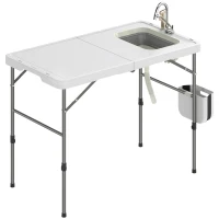 Outsunny Mesa de Limpieza de Pescado Plegable con Altura Regulable Fregadero Grifo Manguera Cesta Plegable Ranuras y Bolsa(m-1)