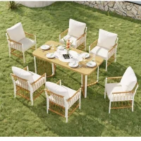 Modernes 7-teiliges Gartenmöbel-Set, weißes Eisengestell mit geflochtenen Armlehnen, 1 Tisch + 6 Stühle, Beige+Naturfarbe(m-4)