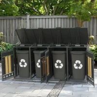 Mülltonnenbox mit hydraulischem Klappdeckel, 4 Fächer, abschließbare Türen, 264x80x118.5 cm, Grau+Naturfarbe(m-4)