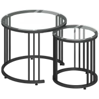HOMCOM Round Coffee Tables Set of 2, Nesting Tables with Tempered Glass Top and Steel Frame, Black(m-1)