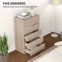 HOMCOM Comodă cu 5 Sertare din Lemn cu Ghidaje Metalice și Mânere Canelate, 60x39x100 cm, Lemn Natural(m-5)