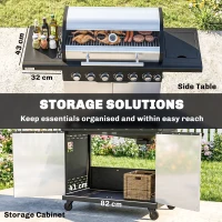 Outsunny 6+1 Burner Gas BBQ Grill, Outdoor Barbecue Trolley with Wheels, Warming Rack, Thermometer, Bottle Opener, Silver Tone(m-7)