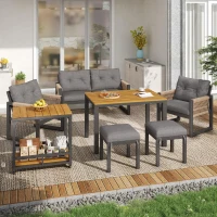 Set de sofá moderno para exterior, mesa desmontable, reposabrazos trenzados y cojines de asiento gruesos, Gris+Color natural(m-5)