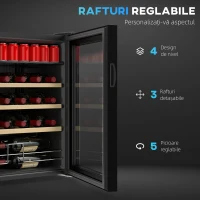 HOMCOM Vitrină pentru Vinuri Refrigerată 12 Sticle 53L Vitrină Frigider Silențioasă Temperatură Reglabilă 5-18℃ Frigider Vinuri Bar cu Sticlă Anti UV, Rafturi, Compresor, Display Tactil, Lumini LED, Clasa G(m-6)