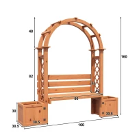 Banco-pérgola con maceteros y enrejado curvado, función triple: banco, macetero y soporte para trepadoras, 160x30,5x160 cm, Color natural(m-3)
