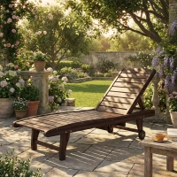 Outsunny Outdoor Wooden Sun Lounger with Built-In Table, Carbonised Finish(m-2)