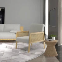 HOMCOM Fauteuil lounge chaise en rotin avec coussin - assise profonde accoudoirs en cannage - structure bois - aspect lin fris(m-10)