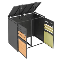 Mülltonnenbox mit hydraulischem Klappdeckel, abschließbaren Doppeltüren und zwei Fächern, 132x80x120 cm, Grau+Naturfarbe(m-7)
