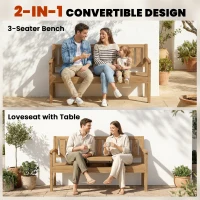 Outsunny Wooden Garden Loveseat with Liftable Table & Shelf, 2-3-Seater Outdoor Bench, Fir Wood Jack and Jill Garden Seat, Teak(m-4)