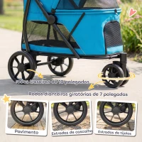 PawHut Carrinho para Cães Dobrável com 3 Rodas Janelas de Rede Almofada Lavável Todo o Terreno Carga 20 kg 92x63x95 cm Azul(m-5)