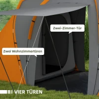 Outsunny Tunneltent, 2000 mm waterafstotend campingtent voor 4-6 personen, met 2 slaapkamers woonruimte draagtas Grijs+Oranje(m-5)