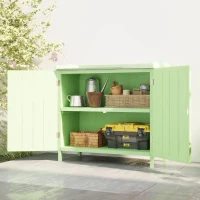 Outsunny Wood Garden Storage Cabinet, Outdoor Tool Shed, Potting Bench Table with galvanised Top and Two Shelves for garden Tools or Pool Accessories, Green(m-8)