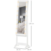 HOMCOM Armoire à bijoux armoire de rangement sur pieds boîte à bijoux avec miroir multi-rangements éclairage LED blanc(m-3)