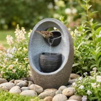 Outsunny Water Feature with 2-Tier Bowls, Garden Water Fountain with Pump and LED Lights, Resin Cascading Waterfall(m-9)
