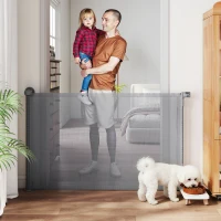 PawHut Retractable Dog Gate, Extends to 140 cm Wide & 93 cm Tall, Mesh Pet Gate with Single Hand Operation, for Stairs Doorways(m-2)